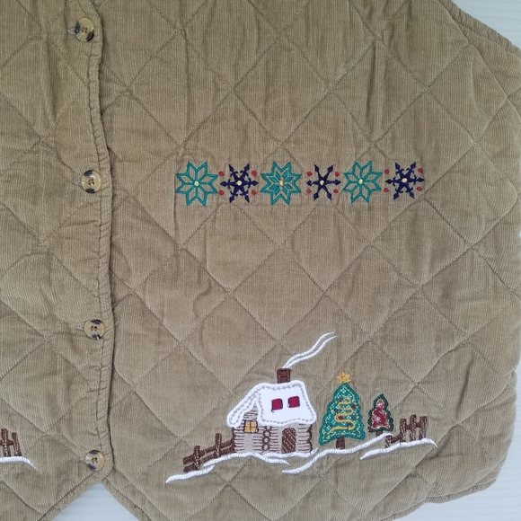 Vintage Christmas Vest Button Front Corduroy Quilted Plaid Back Holiday Vest - Picture 4 of 10